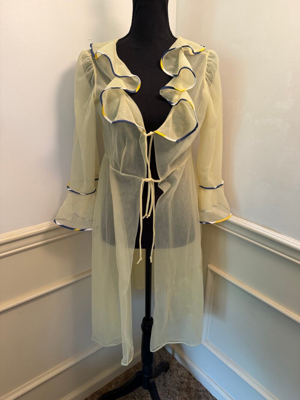 Vintage 70s Sheer Yellow Flounce Duster Robe Ruffle Cover Up Tie Front Cover Up
